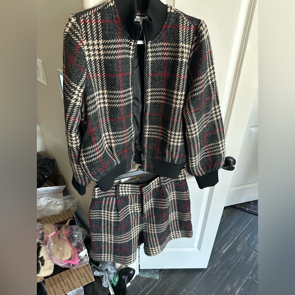 Express Plaid Jacket with Red and Cream Accents and shorts